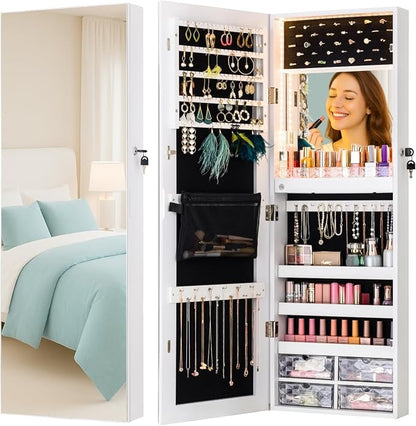 LUXFURNI Wall & Door‑Mounted Storage Jewelry Armoire Cabinet with Mirror | Built‑in LED Mirror, Acrylic Lipstick Tray, 4 Clear Drawers, Large Velvet‑Lined Storage, Wall & Door‑Mounted, Lockable