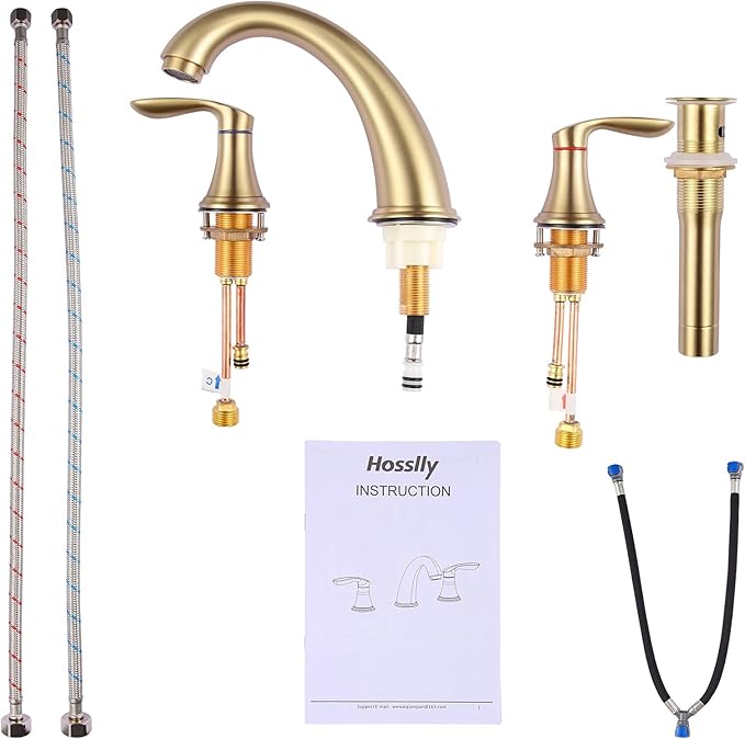 Gold kitchen faucet set with additional parts and instructions on a white background