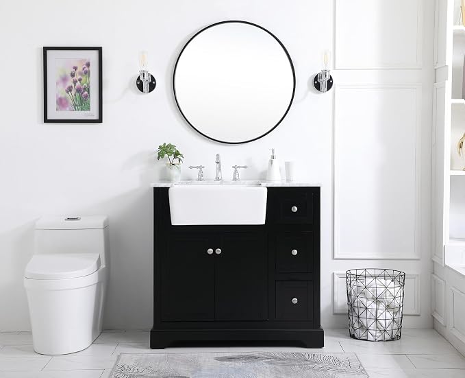36" Pre-Assembled Bathroom Vanity with Sink, Solid Birch and MDF, Carrara White Marble Countertop Attached, Single Rectangle Porcelain Sink, 3 Soft-Close Drawers, Black