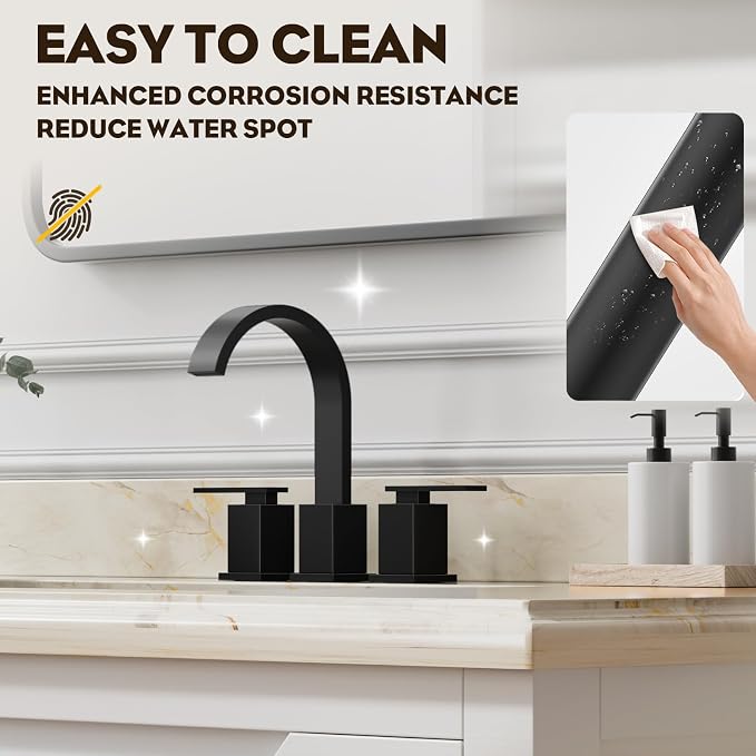 8 Inch Widespread Waterfall Matte Black Bathroom Faucet,3 Hole Vanity Faucet with Pop Up Drain and Water Supply Line, WF011-MB