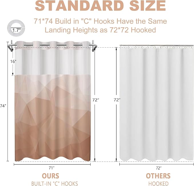 No Hook Shower Curtain with Snap in Liner Set, Peach, 71x74 | Waterproof Fabric for Bathroom, Modern Hotel Style Ombre Design, Mesh Top Window, Machine Washable, Quick Install