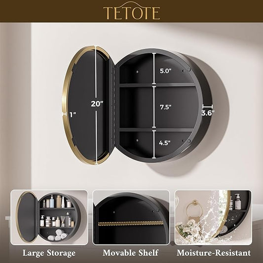 TETOTE Gold Medicine Cabinet with Mirror Round Medicine Cabinets 20 x 20 for Bathroom Modern Bathroom Organizer with Shelves Adjustable Shelves Wall Mounted