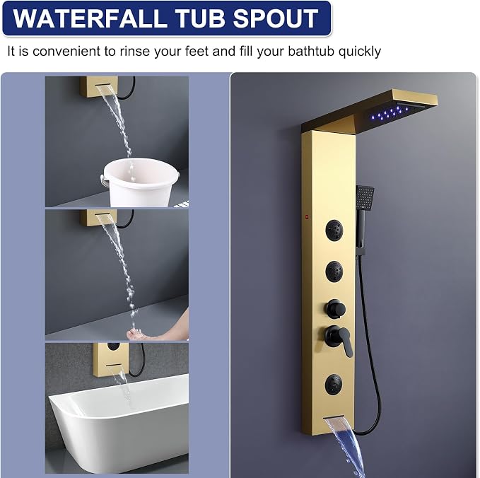 ROVATE 6 in 1 LED Rainfall Waterfall Shower Panel Tower System Brushed Gold | Stainless Steel Shower Column with 2-Setting Body Jets, Waterfall Tub Spout and Flexible Handheld, Water Flow Adjustable