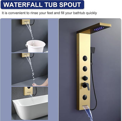 ROVATE 6 in 1 LED Rainfall Waterfall Shower Panel Tower System Brushed Gold | Stainless Steel Shower Column with 2-Setting Body Jets, Waterfall Tub Spout and Flexible Handheld, Water Flow Adjustable