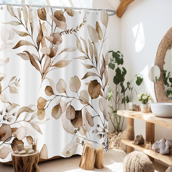 Brown Shower Curtain, Watercolor Eucalyptus Leaves Botanical Plants with Floral Bathroom Curtain Home Bathtub Decor Waterproof Fabric Machine Washable with 12 PCS Hooks,65" Wx72 L