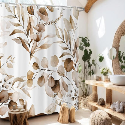 Brown Shower Curtain, Watercolor Eucalyptus Leaves Botanical Plants with Floral Bathroom Curtain Home Bathtub Decor Waterproof Fabric Machine Washable with 12 PCS Hooks,65" Wx72 L