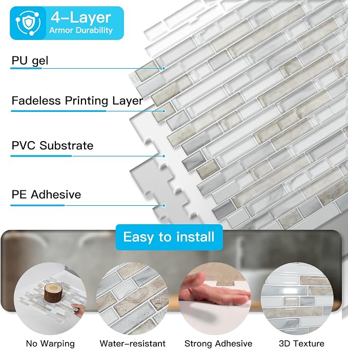 Art3d Linear Design Tile Peel and Stick Backsplash, 10-Sheet, Beige & White | 12 x 12 Inch, Enhanced Thickness, Warp Resistant, Strong Adhesion, Sturdy, for Kitchen, Bedroom, Ideal for Home Improvement