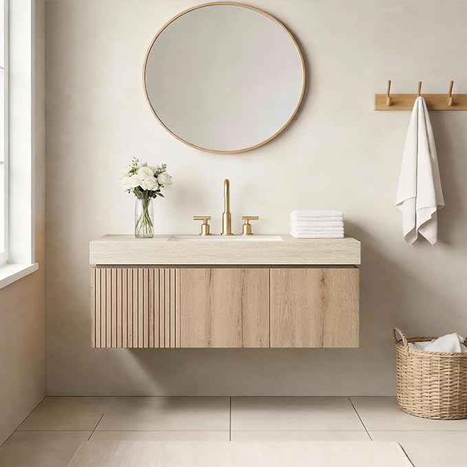 48" Bathroom Vanity with Sink, Roma Travertine-Pattern Countertop and 3 Pre-drilled Faucet Holes Ceramic Basin, Wall Mounted Bathroom Vanities with Drawer and 2 Doors, Pre-Assembled, Light Wooden