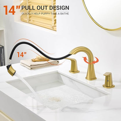 Gold Bathroom Faucet with Sprayer - Brushed Gold Faucets for Sink 3 Holes, Bathroom Pull Down Faucet, 2 Handles 8 Inch Widespread Vanity Faucet with Pull Out Sprayer & Pop-up Drain