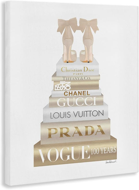 Cream Bow Heels Glam Bookstack, 36 x 48 Inch Canvas Wall Art | Stupell Industries · By Amanda Greenwood · Ready to hang · Chic gift for fashion lovers · Made in USA