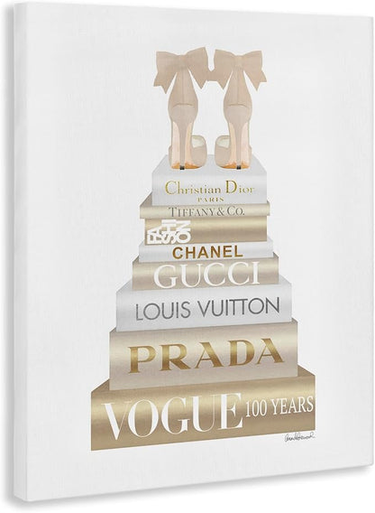 Cream Bow Heels Glam Bookstack, 30 x 40 Inch Canvas Wall Art | Stupell Industries · By Amanda Greenwood · Ready to hang · Chic gift for fashion lovers · Made in USA