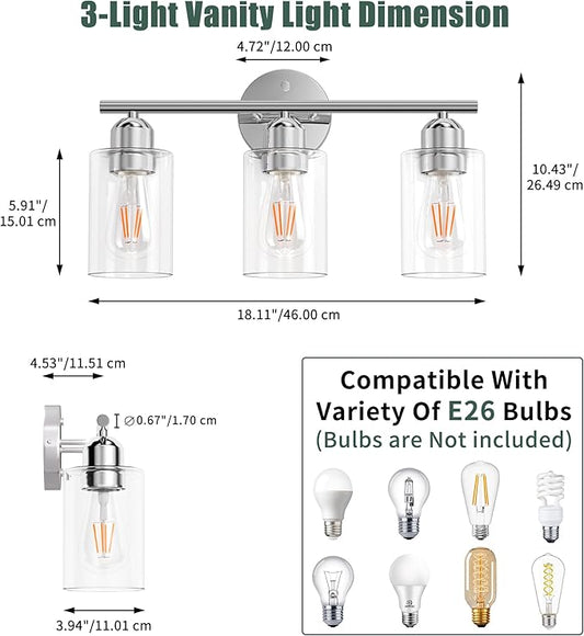 Espird Bathroom Vanity Light Fixtures Polished Chrome Bathroom Lighting Fixture, 3 Lights Bathroom Light Fixture Over Mirror, Modern Black Vanity Light, Wall Sconces with Glass Shades