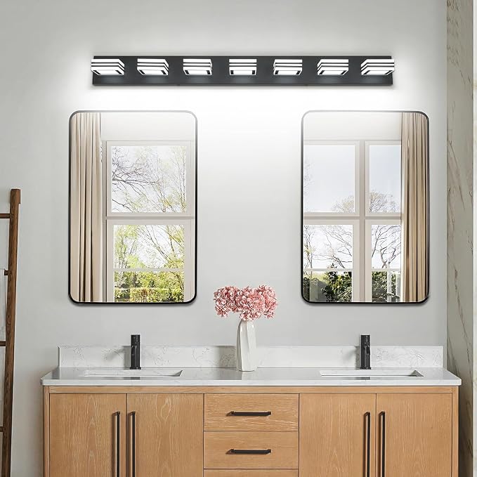 SOLFART LED Modern Vanity Lights Fixtures: 7 Lights Acrylic Matte Black Modern Bathroom Wall Light Over Mirror 46inch