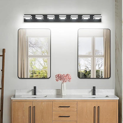 SOLFART LED Modern Vanity Lights Fixtures: 7 Lights Acrylic Matte Black Modern Bathroom Wall Light Over Mirror 46inch