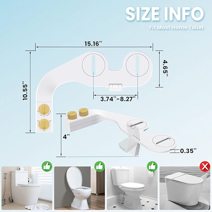 Toilet Bidet With Left/Right Side Reversible Design, Fresh Water, Non-Electric, Toilet Bidet Attachment, Right/Left Hand Side with Dual Nozzle, Self-Clean, Easy to Install (Bamboo Knob)