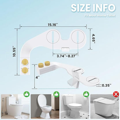 Toilet Bidet With Left/Right Side Reversible Design, Fresh Water, Non-Electric, Toilet Bidet Attachment, Right/Left Hand Side with Dual Nozzle, Self-Clean, Easy to Install (Bamboo Knob)