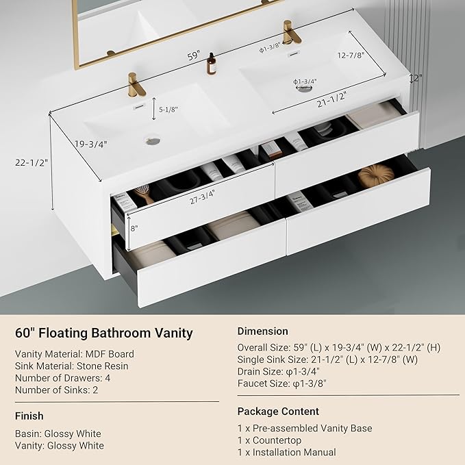 60" Floating Bathroom Vanity, Wall-Mounted Double Sink Vanity, Pre-Assembled Modern Floating Storage Cabinet with Stone Resin Countertop & Soft-Close Drawers, Glossy White