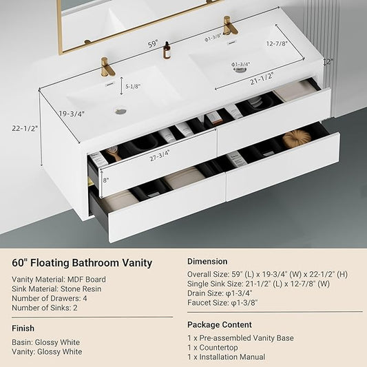 60" Floating Bathroom Vanity, Wall-Mounted Double Sink Vanity, Pre-Assembled Modern Floating Storage Cabinet with Stone Resin Countertop & Soft-Close Drawers, Glossy White
