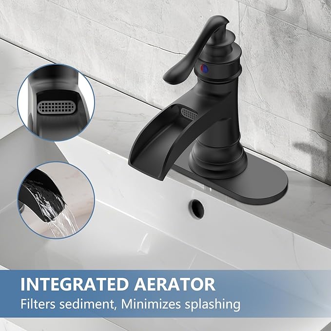 Black Bathroom Faucet Matte Waterfall Sink Farmhouse Vanity Single Hole Faucets One Handle Basin Antique centerset with Pop Up Drain Stopper Mixer Tap Overflow Supply Line by Homevacious