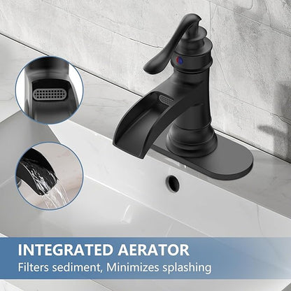 Black Bathroom Faucet Matte Waterfall Sink Farmhouse Vanity Single Hole Faucets One Handle Basin Antique centerset with Pop Up Drain Stopper Mixer Tap Overflow Supply Line by Homevacious