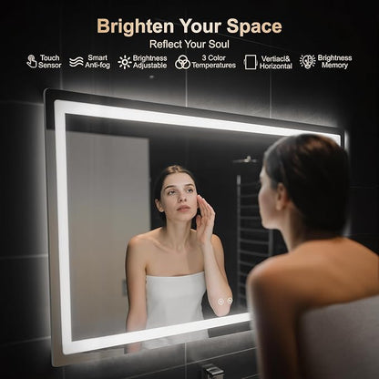 30x50 LED Bathroom Vanity Mirror with Lights, Anti-Fog, Dimmable | Front & Backlit with 3 Color Modes and Memory, 5mm Shatterproof Glass, Plug-in or Hardwired, Horizontal or Vertical