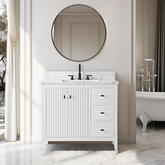 Vanity Art 36 inch Bathroom Vanity with Single Sink & Ceramic Top, Vanity Cabinet with Soft-Closing Door, Solid Wood Frame, Linear Pattern, White, VA9136-W-MB,Matte Black Handles
