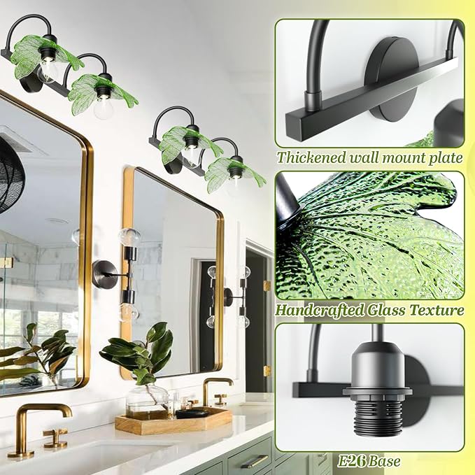 2 Light Vintage Wall Sconces with Glass Shades,Vanity Light,Bathroom Light,Wall Lighting Fixture for Mirror,Home Decor Art Wall Light (Black+Green, 2-Lights)