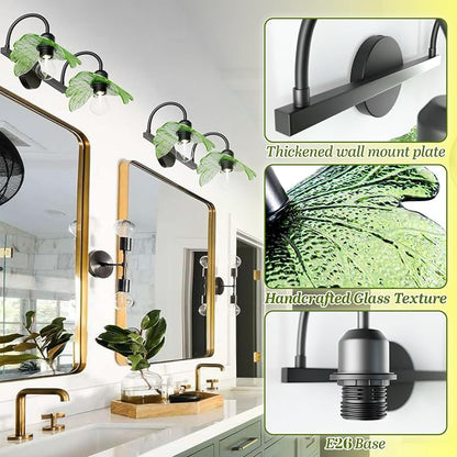 2 Light Vintage Wall Sconces with Glass Shades,Vanity Light,Bathroom Light,Wall Lighting Fixture for Mirror,Home Decor Art Wall Light (Black+Green, 2-Lights)