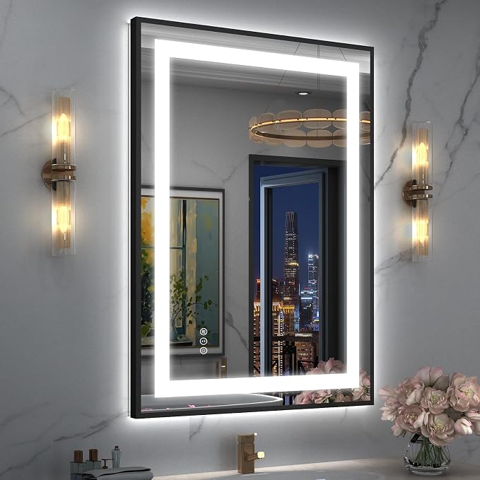 OKPAL 24x30 LED Bathroom Mirror with Black Frame, Lighted Bathroom Mirror for Vanity, Frontlit & Backlit, Anti-Fog, Dimmable, Memory, Shatterproof, ETL Listed, Horizontal/Vertical