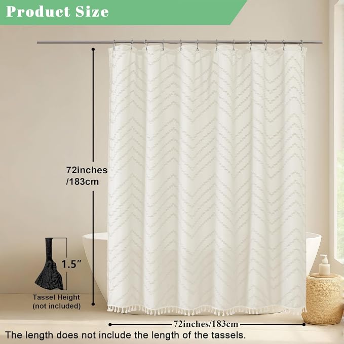 Boho Shower Curtain, Beige Fabric Cloth Shower Curtains Farmhouse Tufted Chevron Striped Textured with Tassel for Bathroom, Soft Hotel Style Modern Minimalist, Machine Washable, 72x72, Beige