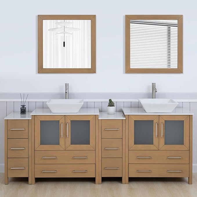 Vanity Art 84 Inch Vessel Double Sink Bathroom Vanity Cabinet with 2 Mirrors, Engineered Marble Top Bathroom Cabinet Compact Set with 10 Dovetail Drawers and Soft Closing Doors, VA3130-84NO