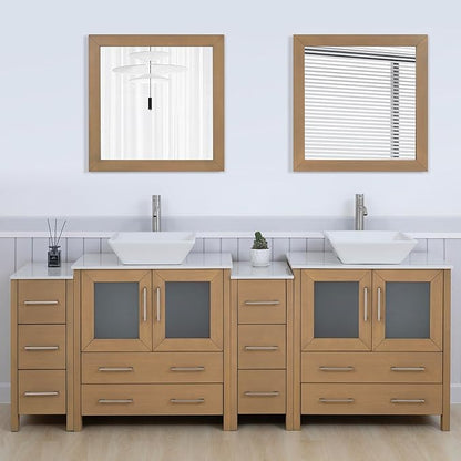 Vanity Art 84 Inch Vessel Double Sink Bathroom Vanity Cabinet with 2 Mirrors, Engineered Marble Top Bathroom Cabinet Compact Set with 10 Dovetail Drawers and Soft Closing Doors, VA3130-84NO