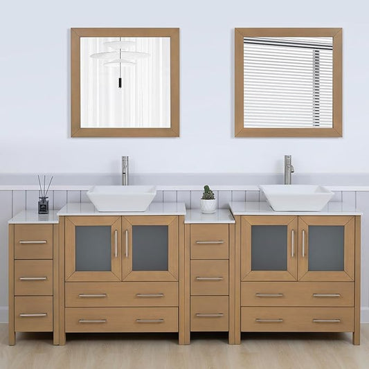 Vanity Art 84 Inch Vessel Double Sink Bathroom Vanity Cabinet with 2 Mirrors, Engineered Marble Top Bathroom Cabinet Compact Set with 10 Dovetail Drawers and Soft Closing Doors, VA3130-84NO