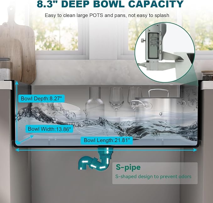23.6 x 17.7 Inch Kitchen Sink Drop in, Stainless Steel Nano-Coating Kitchen Sinks, 8" Deep Single Bowl Sink with Basket & Drain Kit