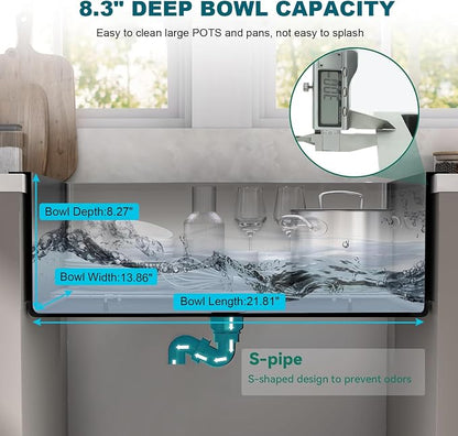 23.6 x 17.7 Inch Kitchen Sink Drop in, Stainless Steel Nano-Coating Kitchen Sinks, 8" Deep Single Bowl Sink with Basket & Drain Kit