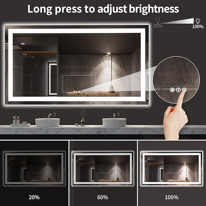 LOAAO 72X40 LED Bathroom Mirror with Lights, UL Listed | Anti-Fog, Dimmable, 3 Color Temperature, Backlit + Front Lit, Memory Function, Tempered Glass