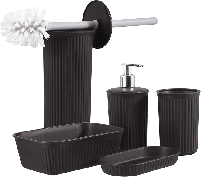 Superio Ribbed Plastic Bathroom Accessories Set, Soap Dish, Dispenser, Holder, Tray (Brown, Bathroom Accessories (Set of 5))