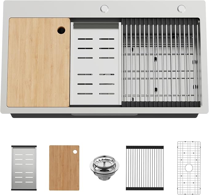 33x19In Drop-in Workstation Sink,Stainless Steel,Single Bowl | Modern Topmount Kitchen Sink Combo, Include Grid,Drying Rack,SS Colander,Cutting Board, Compatibility With Various Kitchen