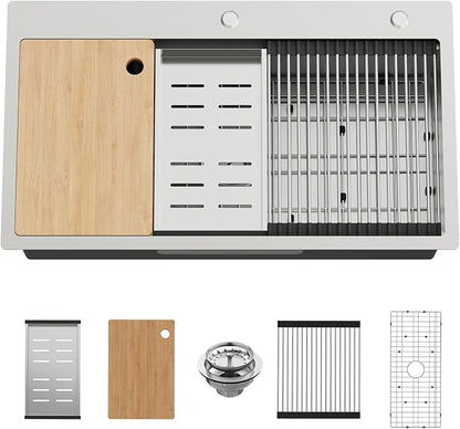 33x19In Drop-in Workstation Sink,Stainless Steel,Single Bowl | Modern Topmount Kitchen Sink Combo, Include Grid,Drying Rack,SS Colander,Cutting Board, Compatibility With Various Kitchen