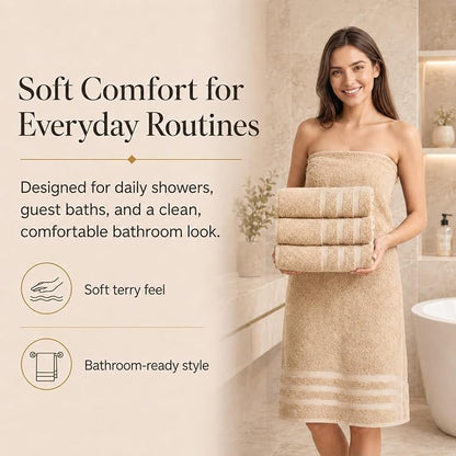 Velqora Bath Towels, 4 Pack, 30x60 in, 100% Cotton, Soft & Absorbent, Beige | Balanced Weight | Everyday Comfort | Easy Care