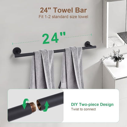 Matte Black Bathroom Hardware Accessories Set 4 Pieces,Towel Bar Set Stainless Steel Wall Mounted, Includes 24 in Hand Towel Bar, Towel Ring, Toilet Paper Holder, Bathroom Towel Rack Set