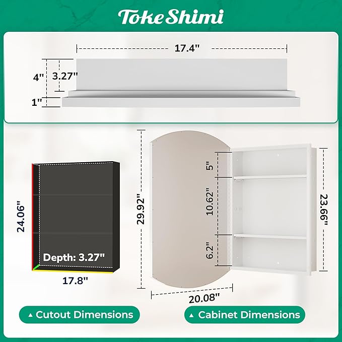 TokeShimi 20 x 30 Oval Medicine Cabinet with Mirror Recessed, Metal Surface Mounted White Arched Medicine Cabinet with Mirror Beveled with Storage Bathroom
