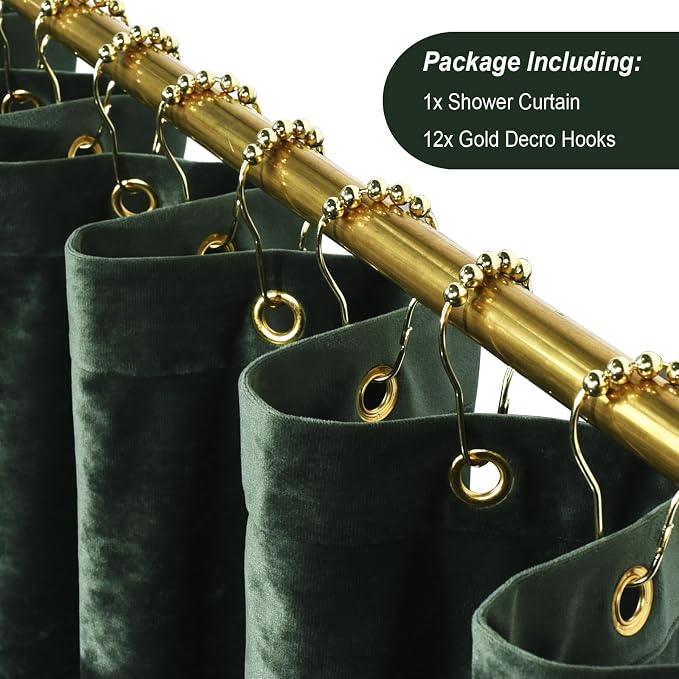 TAMGHO 78 inch Shower Curtain, Crushed Velvet Long Shower Curtain Set with 12 Gold Hooks, Waterproof Thick Fabric, Machine Washable, 72W x 78H, Dark Green