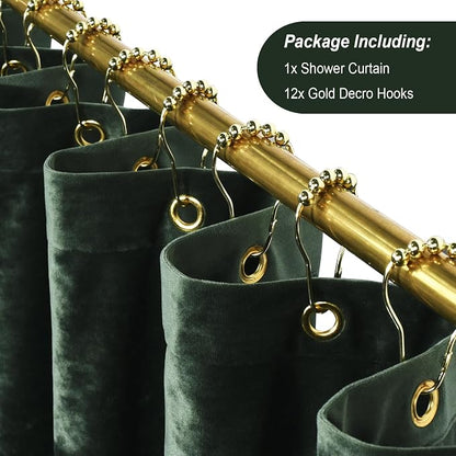 TAMGHO 78 inch Shower Curtain, Crushed Velvet Long Shower Curtain Set with 12 Gold Hooks, Waterproof Thick Fabric, Machine Washable, 72W x 78H, Dark Green