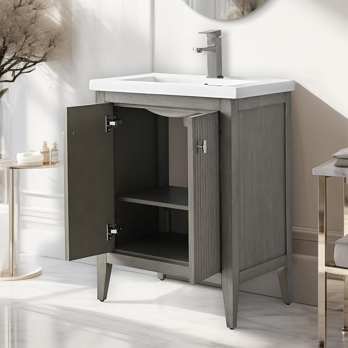 Vanity Art 24 inch Bathroom Vanity with Single Sink & Ceramic Top, Vanity Cabinet with Soft-Closing Door, Solid Wood Frame, Linear Pattern, Driftwood Gray, VA9124-DG-MB,Matte Black Handles
