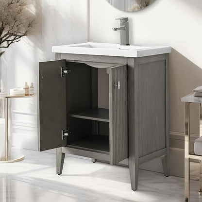 Vanity Art 24 inch Bathroom Vanity with Single Sink & Ceramic Top, Vanity Cabinet with Soft-Closing Door, Solid Wood Frame, Linear Pattern, Driftwood Gray, VA9124-DG-MB,Matte Black Handles