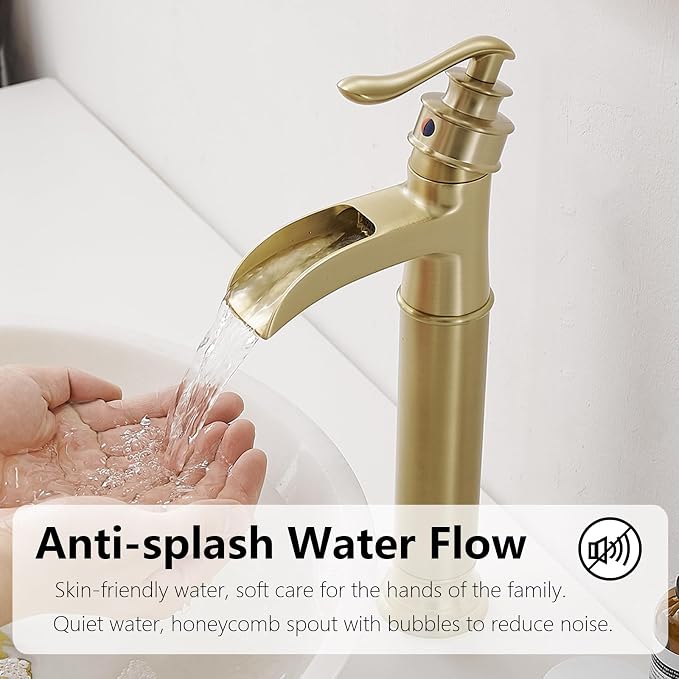 Bathroom Vessel Sink Faucet Waterfall Single Handle Single Hole | Brushed Gold,Brass,Pop Up Drain without Overflow,Supply Line,Easy to Clean,Easy Installation,Rust Resistant,Minimalist Design