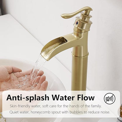 Bathroom Vessel Sink Faucet Waterfall Single Handle Single Hole | Brushed Gold,Brass,Pop Up Drain without Overflow,Supply Line,Easy to Clean,Easy Installation,Rust Resistant,Minimalist Design