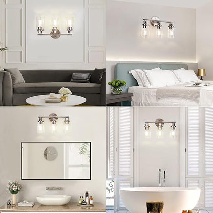Vanity Wall Light Fixtures, Modern 3 Lights Wall Sconce with Clear Glass Shade, Brushed Nickel Farmhouse Wall Lamp for Bathroom Mirror Kitchen Porch Living Room Workshop (E26 Base) | Modern Wall Sconce with Clear Glass Shade, Brushed Nickel Farmhouse W...