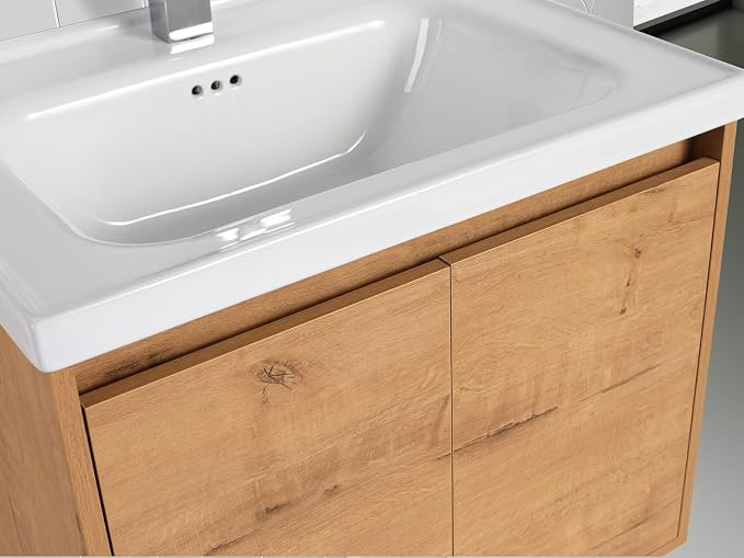 Blossom 24 Inch Classic Oak Plywood Bathroom Vanity with Ceramic Sink, Modern Wall Mounted Floating Bathroom Vanity Cabinet with Soft Close Doors and Moisture Resistant Finish